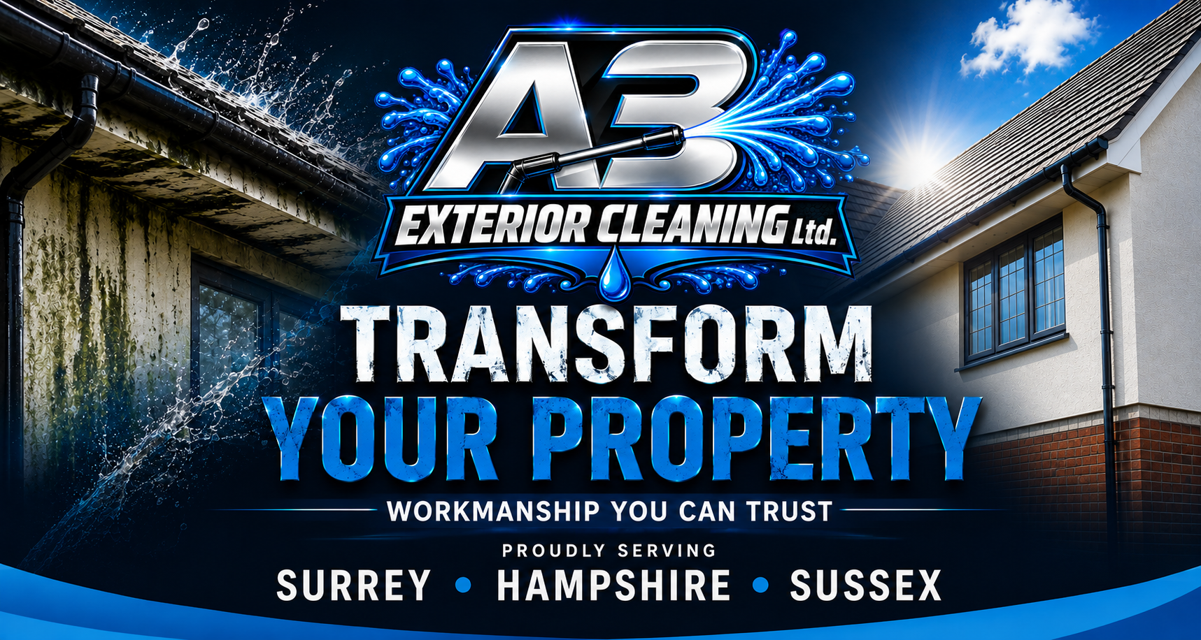 A3 Exterior Cleaning promotional banner showing exterior cleaning services across Surrey, Hampshire and Sussex